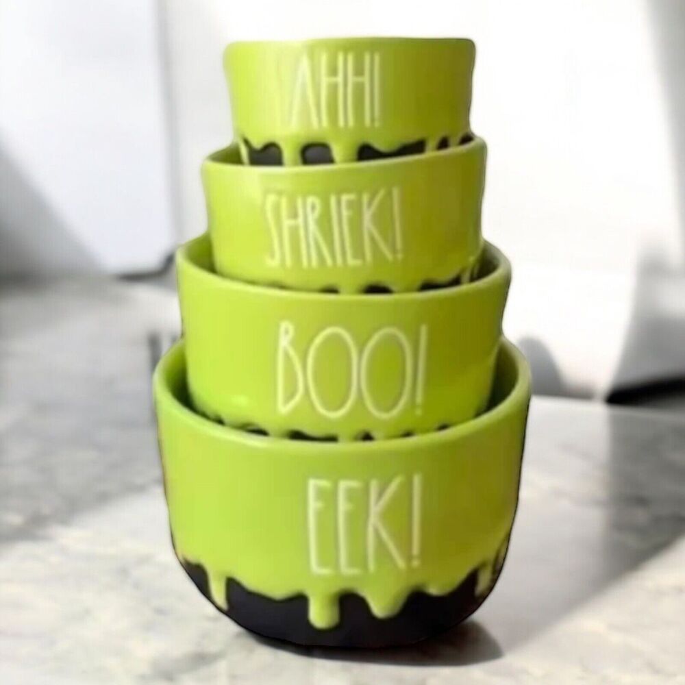 Rae Dunn EEK! BOO! SHRIEK! AHH! Halloween Measuring Cup Set Green Drip New 2024